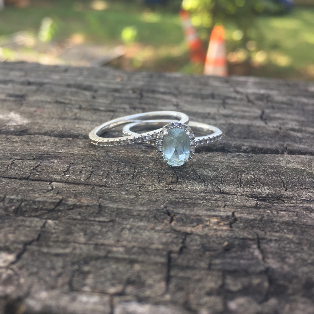Aquamarine Oval Cut Halo Wedding Ring Set .925